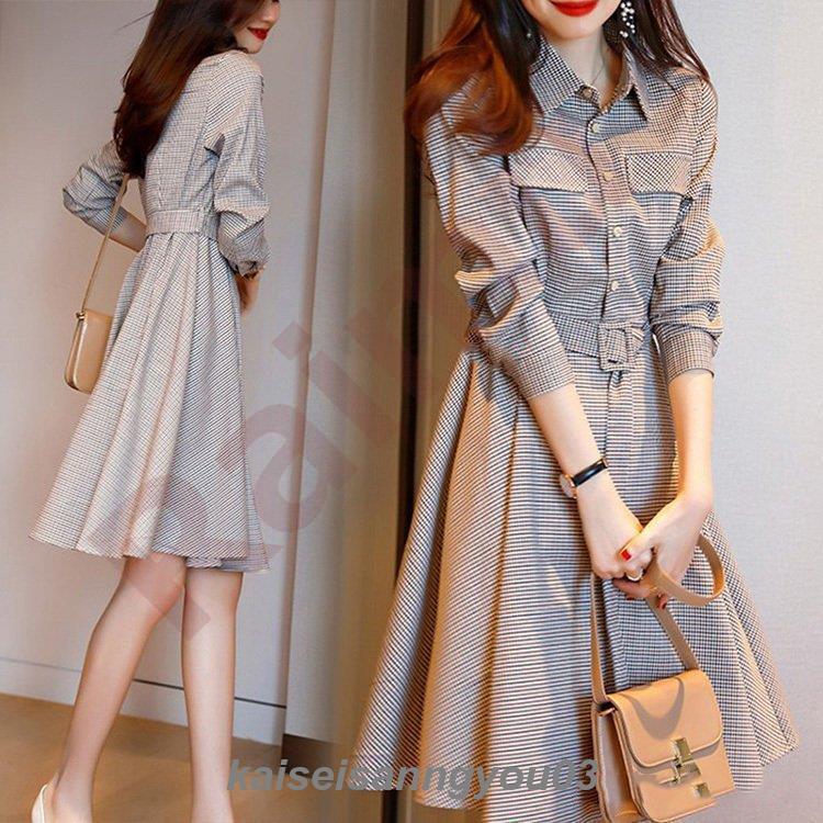 早買い早割 シャツワンピース レディース 40代膝丈ワンピース 春夏秋新作 長袖ワンピース チェック柄 フレア Aラインスカート オシャレ 結婚式 お出かけ 大人 30代 50代シャツワンピース レデ