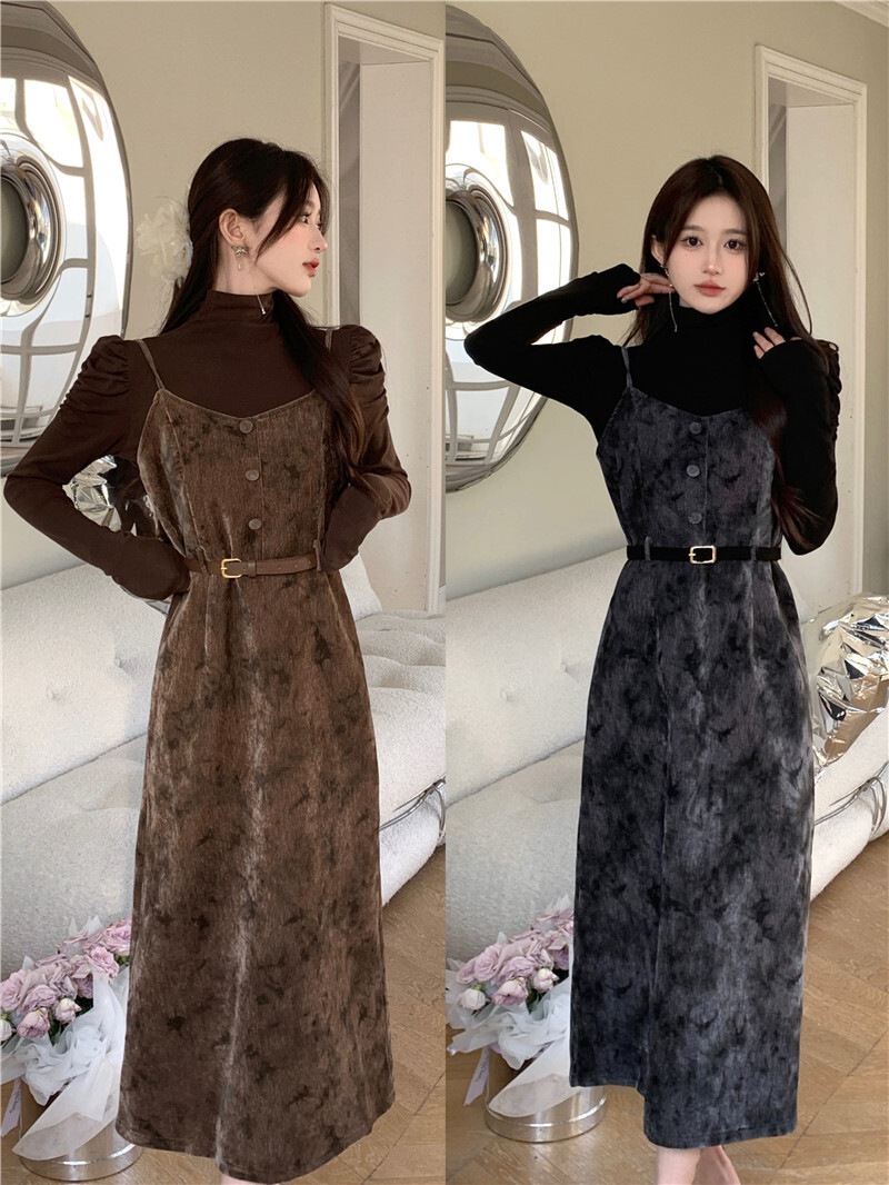 ワンピース ジャンパースカート キャミワンピース ロングスカート マキシ丈 Aライン ウエストマーク バックスリット ベルト付 大人可愛い シンプル おしゃれ レトロ 柄 春 秋 冬 レディース