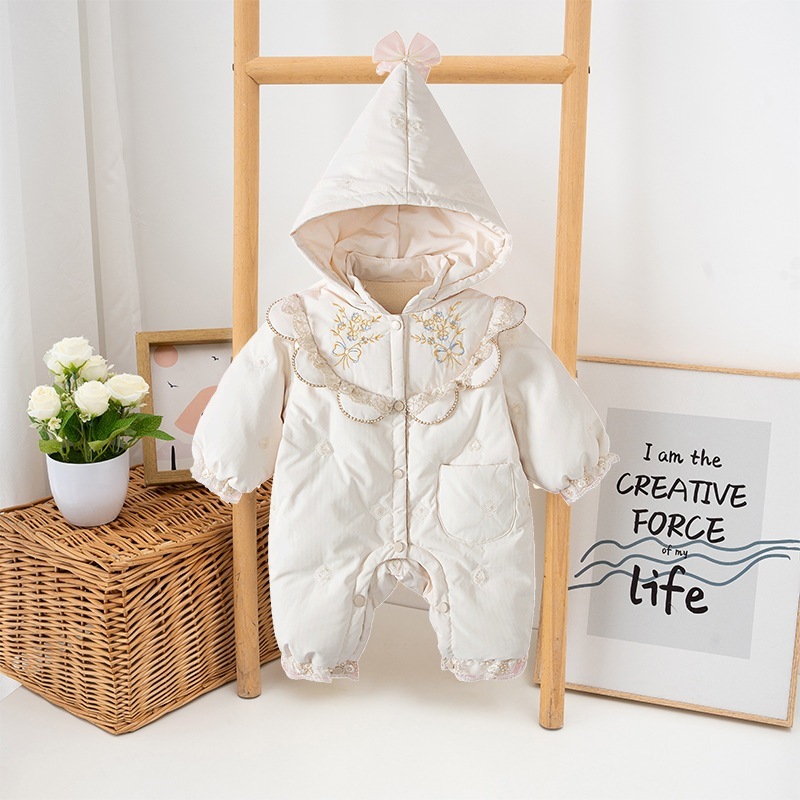 ベビー服ダウンジャケット冬ジャンプスーツフード付きプラスベルベット厚みのある女の赤ちゃん超かわいいお出かけ服冬ダックダウン