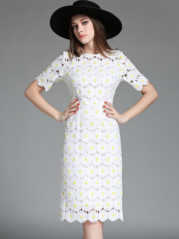 女性のためのホワイトカットアウトレースシェーピングボディコンドレス