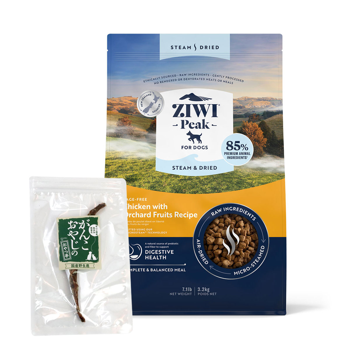 スチーム & ドライ・ドッグフード ケージフリーチキン with オーチャードフルーツ レシピ 3.2kg【国産鹿のスペアリブ ミドルカット 1本入り】