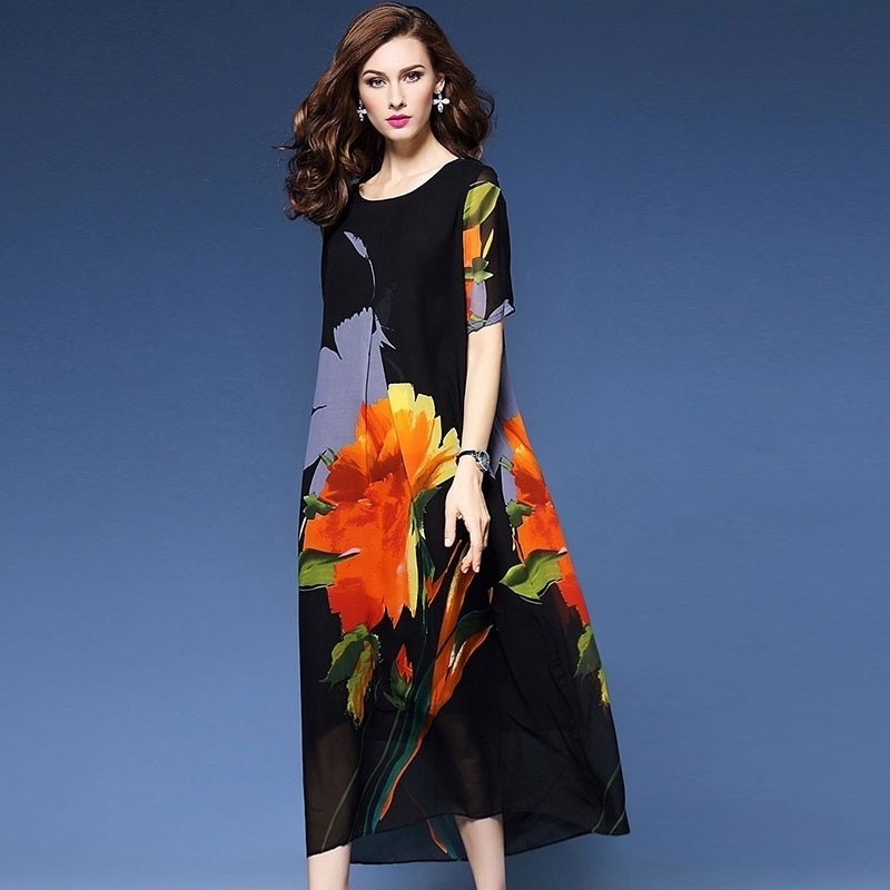 1226．花柄Uネックドレス（ブラック）