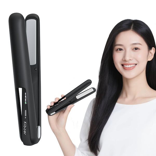 Kiboer コードレス 超音波トリートメントヘアアイロン, 3Dクッション構造, トルマリン＆ツバキオイル配合プレート コードレスヘアアイロン 3段階温度調整 18mmスリムヘッド 高濃度マイナスイ