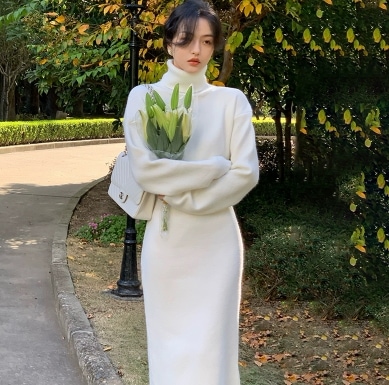 タートルネック ニットワンピース モノトーンコーデ リブ ワンピース 膝丈 長袖 細身 ストレート ワイド Iライン スマート リブニット 伸縮性 ニット 大人可愛い シンプル カジュアル 大人 7,889円