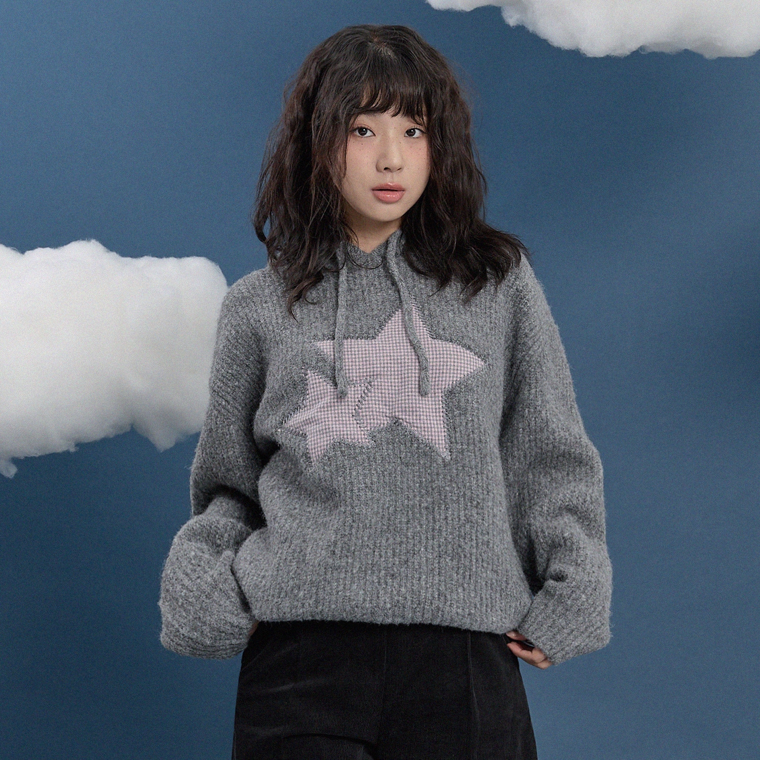 Big Star Check Applique Hood Knit GREY