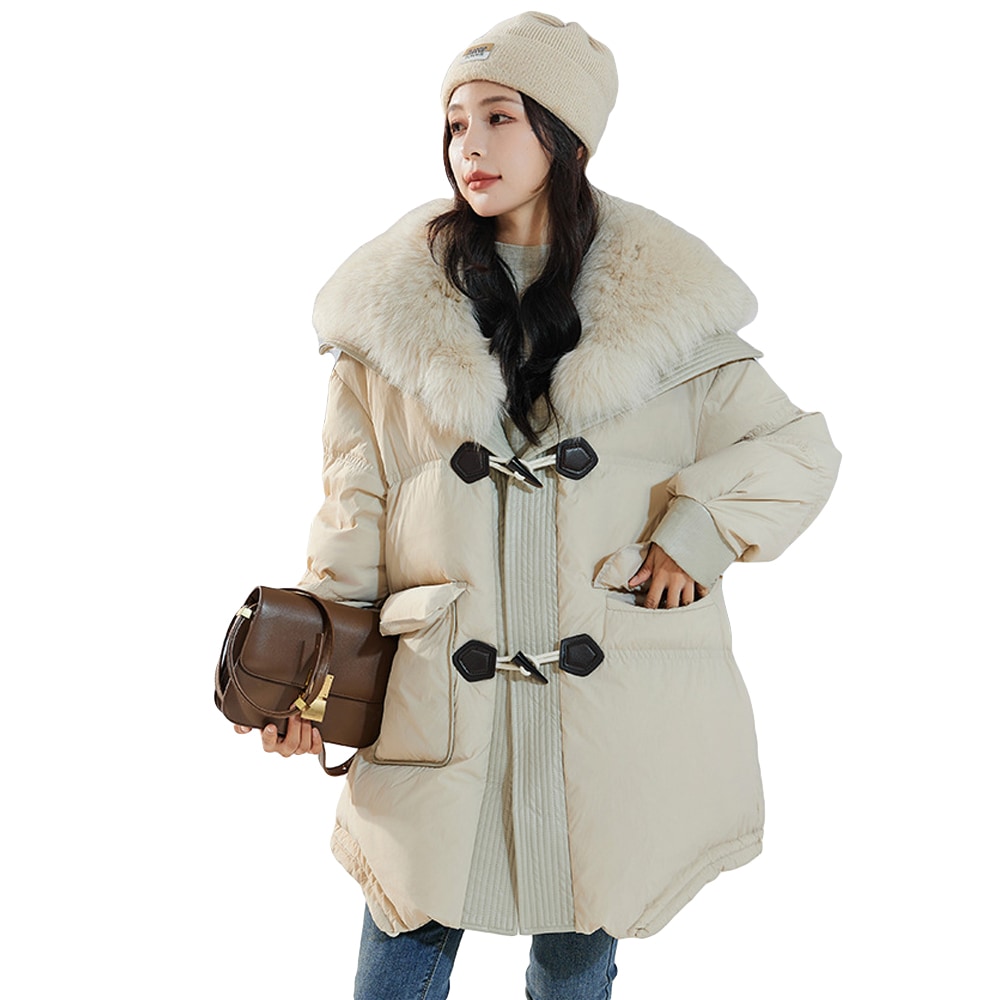 ダウンジャケット レディース 大きいサイズ 暖かい 90％ダックダウン 防寒 保温 コート ファー襟 非対称ポケット ダウンコート 冬服 ダウン アウター
