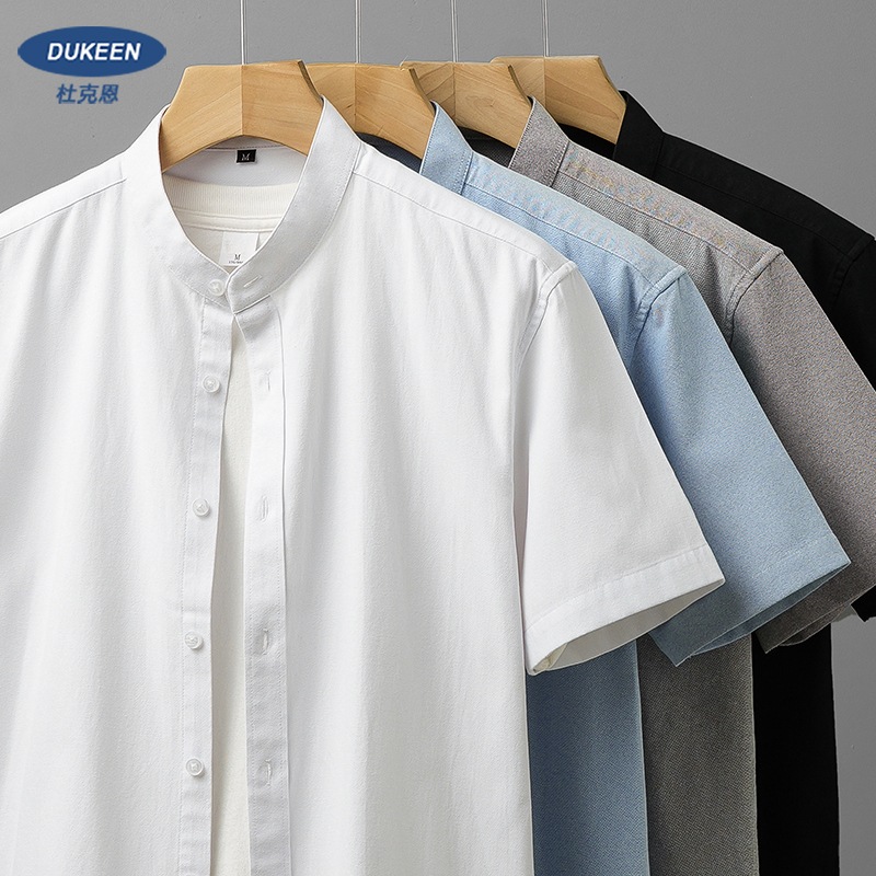 新中国風スタンドカラーシャツメンズ半袖ハイエンド2024年新作日本製厚手オックスフォードテキスタイル白シャツ夏