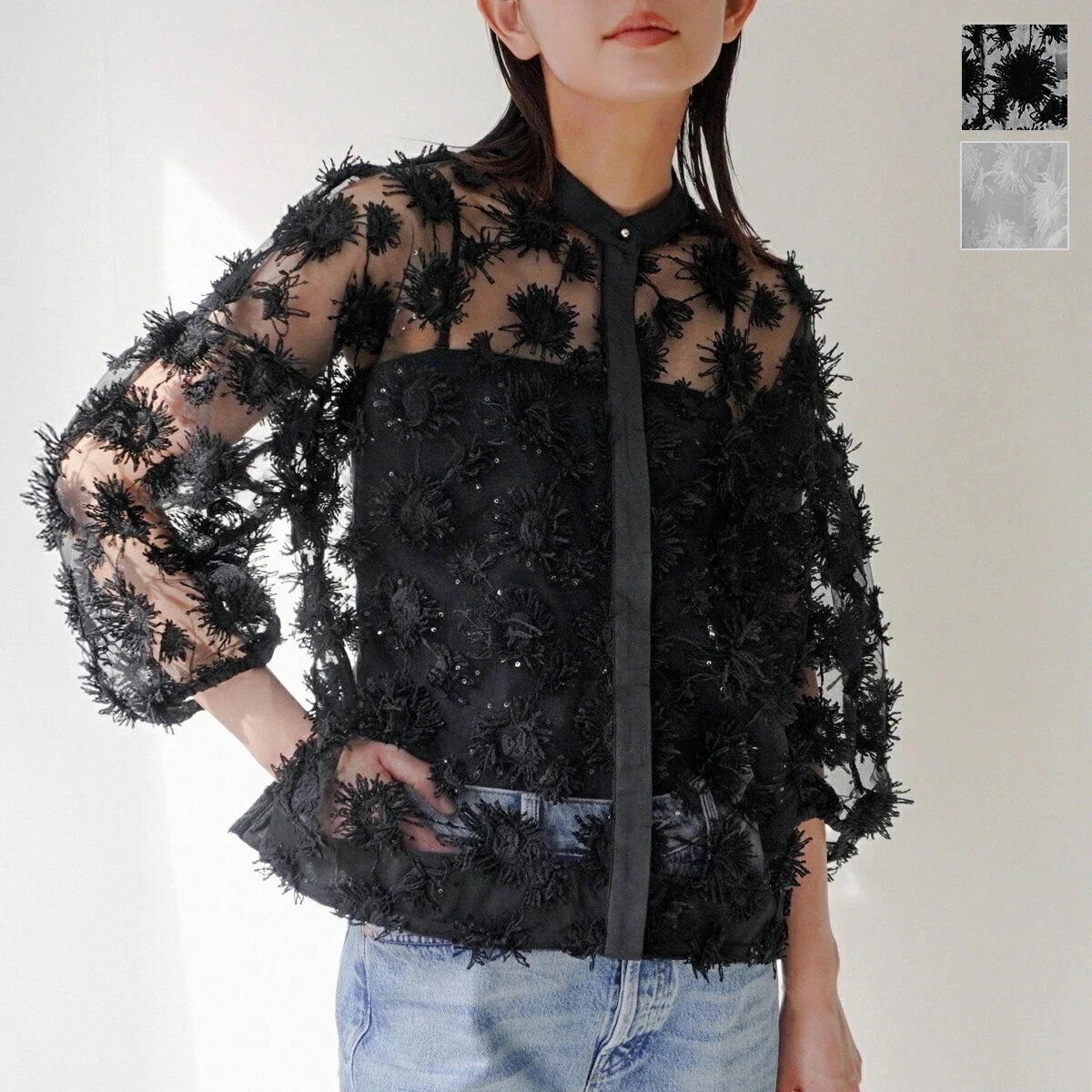 TORRAZZO DONNA トラッゾドンナ ブラウス Fringe Sequins Blouse 6250-565 レディース 花柄 フリンジ スパンコール シースルー 七分袖 カラー2色