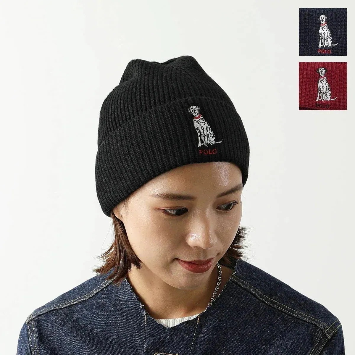 Polo Ralph Lauren ポロ ラルフローレン ニット帽 PC1235 レディース リブ編み ビーニー ロゴ ダルメシアン ウールブレンド 刺繍 ニッ