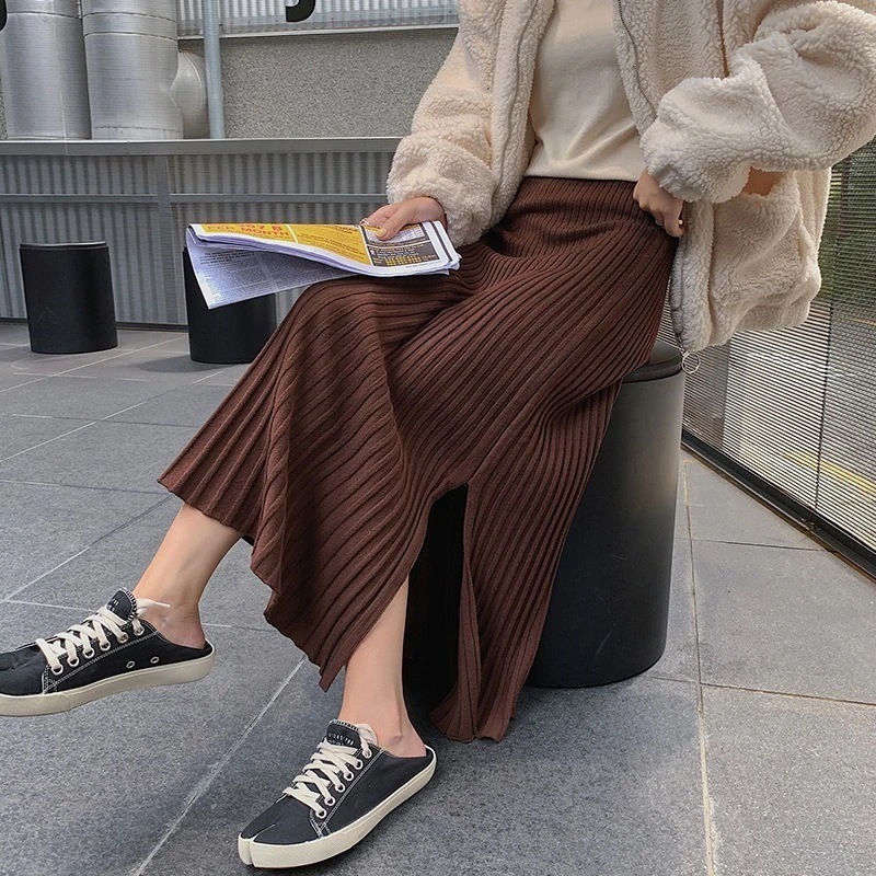 ニットスカート ミモレ丈 韓国風 ウール ライン ハイウエスト ロングスカート 着痩せ スリット プリーツ ミモレ丈スカート 6,737円