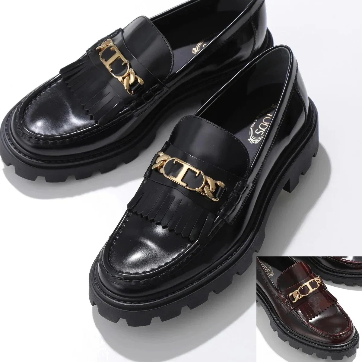 TODS トッズ ローファー XXW08J0GF80SHA レディース Tチェーン メタル フリンジ レザーシューズ チャンキーソール ラバーソール 靴 カラー