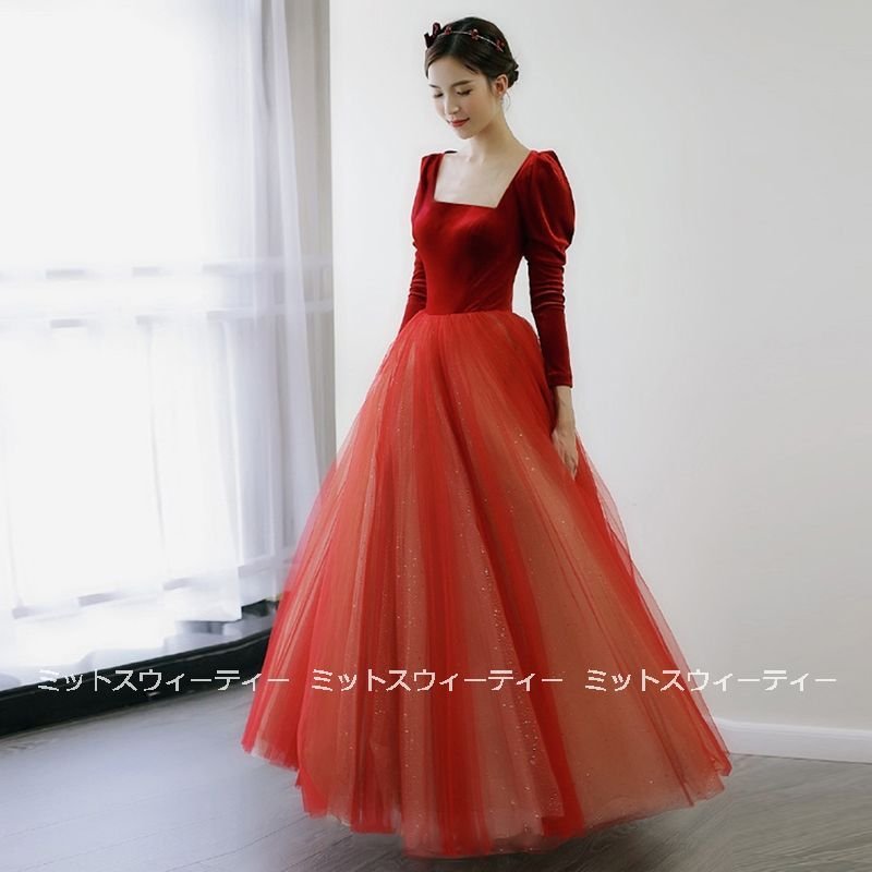 カラードレス 長袖 コンサート スクエアネック パーティードレス 演奏会 結婚式 イブニングドレス
