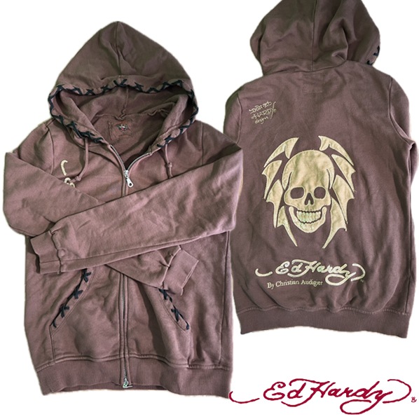 アウトレット訳あり　エドハーディー レディース パーカー 【200種類の品揃え】 Ed Hardy SKULL ブラウン エド・ハーディー 正規品 LAセレブ 着用 サファリ ファッション 雑誌 掲