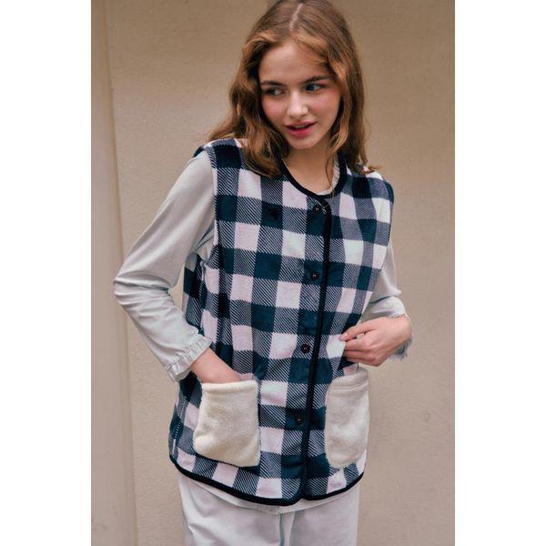 通常 極細糸 チェック捺染 女性 トップス ベスト 女子室内着 SEV259WF BK C_P407451686