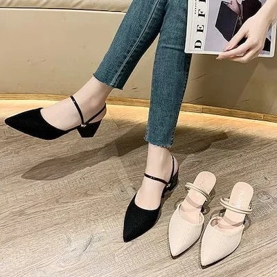 大人気! サンダル 厚いヒール ニット ポインテッドトゥ ミュール ファッション カジュアル ミュール 安定感 ミュール 2つの着用方法 毎日履きたい