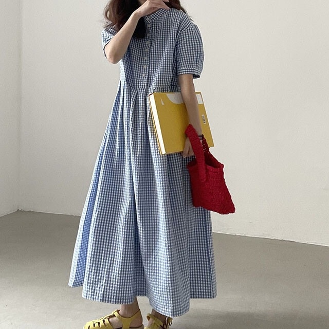 レディース ワンピース シャツワンピ フレア ロング マキシ 半袖 Uネック ラウンドネック Aライン フェミニン ウエストマーク ハイウエスト ボタン かわいい 大人可愛い シンプル カジュアル