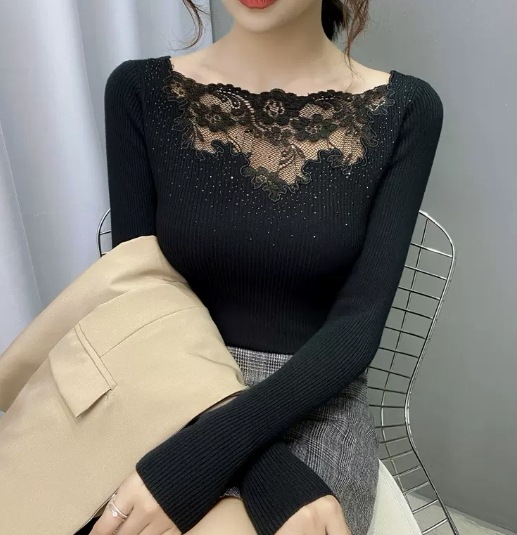 トップス デート ニットソー 長袖 レース 可愛い きれいめ 上品 おしゃれ かっこいい 可愛い ラブリー キュート ガーリー クール モード系 セクシー エレガント 存在感 フォーマル