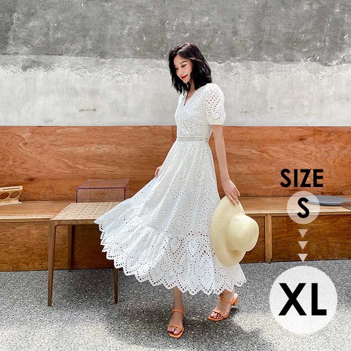 贩売促进 ワンピース 夏 透かしリゾートワンピース レディース 半袖 Vネック 夏ワンピ リゾート サマー ゆったり 大きサイズ ビーチ リゾート 旅行 結婚式 披露宴 お呼ばれ ホワイト dd008
