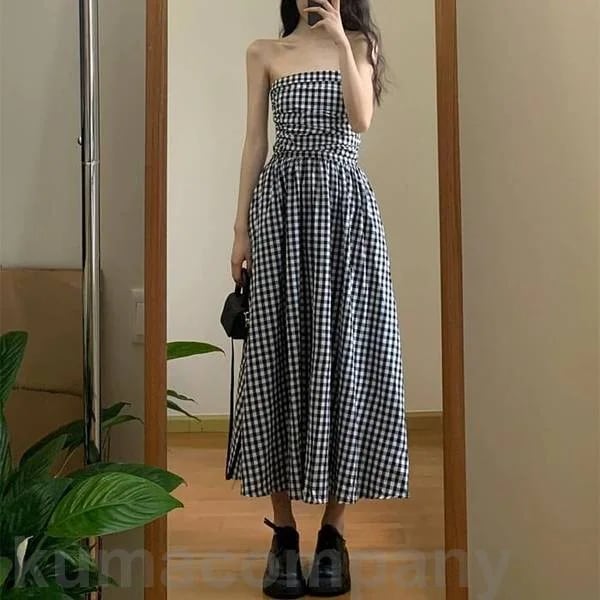 ワンピース ドレス ベアトップ チューブトップ ギンガムチェック エレガント レディース きれいめ カジュアル おしゃれ ノースリーブ 大人 可愛い フェミニン ロング丈 フレア Aライン 体型カバー