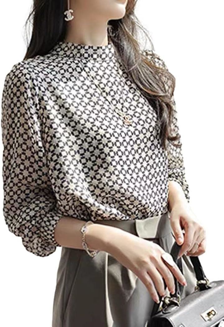 プリントブラウス レディース プルオーバー 長袖 パフスリーブ 幾何学柄 シアーシフォン スタンドカラー モノトーン 立襟 大人かわいい 韓国風 辛口 華やか(ホワイト, 3XL)