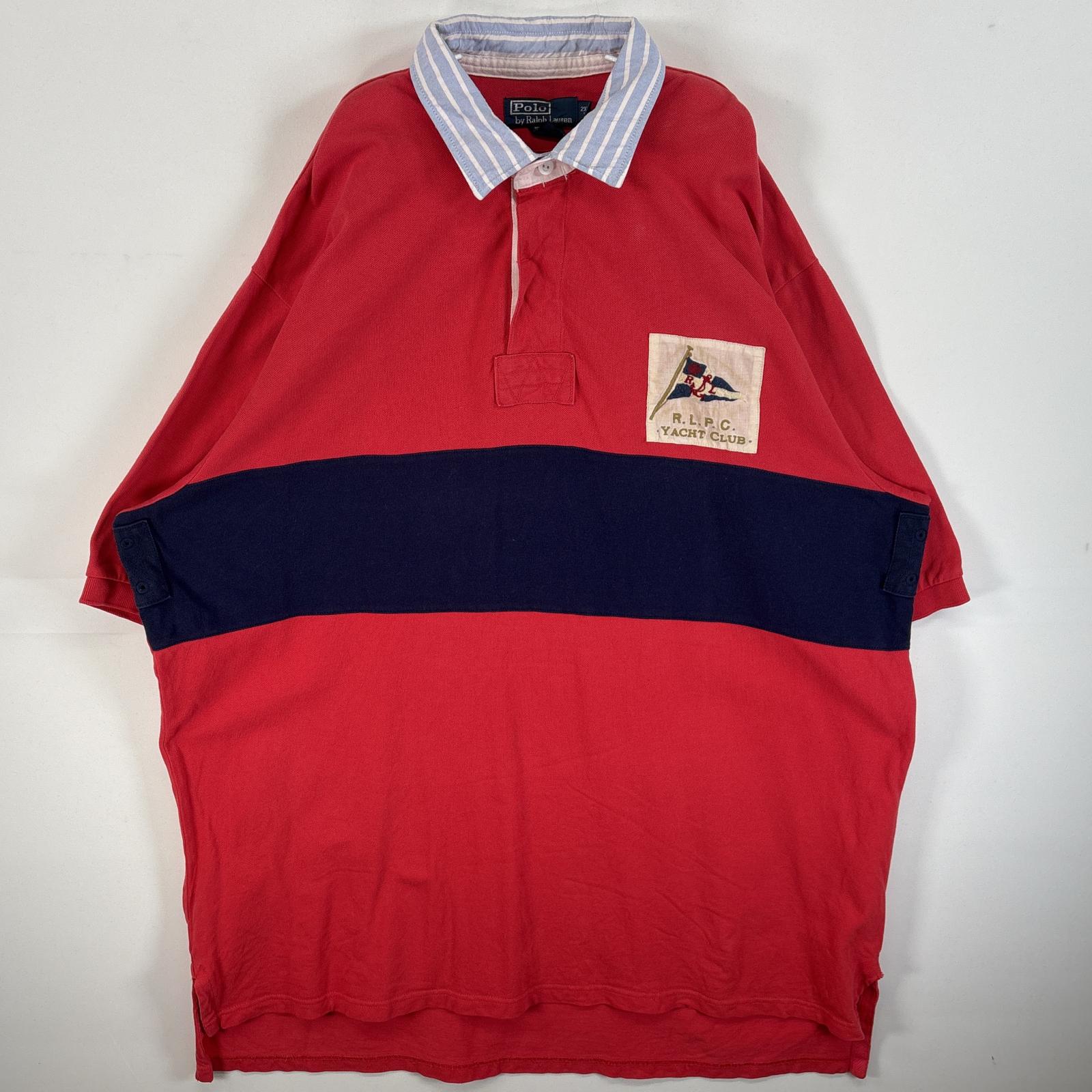 古着 90s/90年代 ポロバイラルフローレン Polo by Ralph Lauren 鹿の子 半袖 ラガーシャツ 大きいサイズ ロゴ 刺繍 YACHT CLUB 2XLT レッド系 ボーダー 5,148円