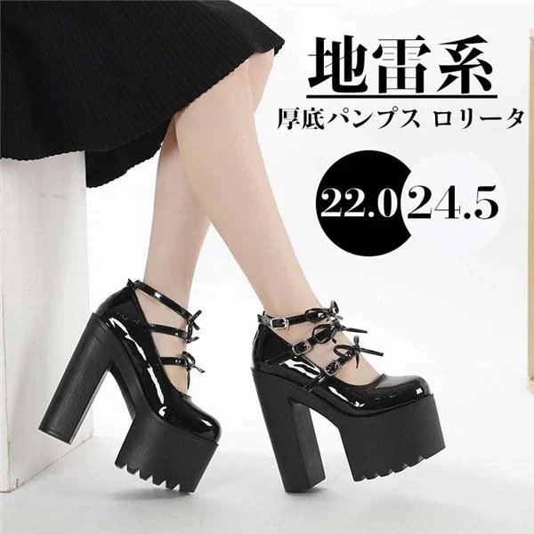 即納 厚底パンプス ロリータ 靴 レディース 大きいサイズ フリル かわいい ストラップパンプス コスプレ 暗黒系 ゴシック ロック 原宿 地雷系