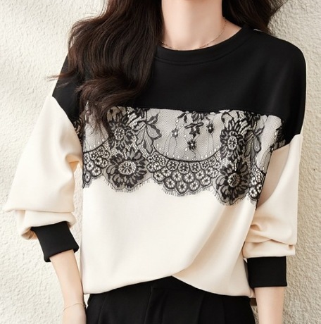 トップス プルオーバー 長袖 クルーネック ドッキング デザイン 美ライン ニュアンス レース レイヤード バイカラー ロマンチック かわいい 大人可愛い きれいめ シンプル カジュアル 大人 上品