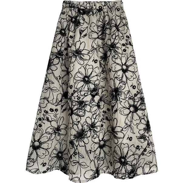 スカート 膝下 フレア デザイン ウエストゴム 美ライン ニュアンス 刺繍 裏地 ドラマチック モノトーン かわいい 大人可愛い きれいめ シンプル カジュアル 大人 上品 おしゃれ お洒落