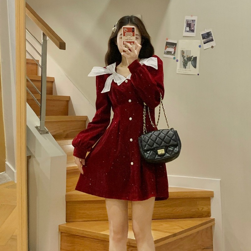 10個セット クリスマスのお正月気分赤ベルベットワンピース秋冬ハイウエストリボンスカート女装