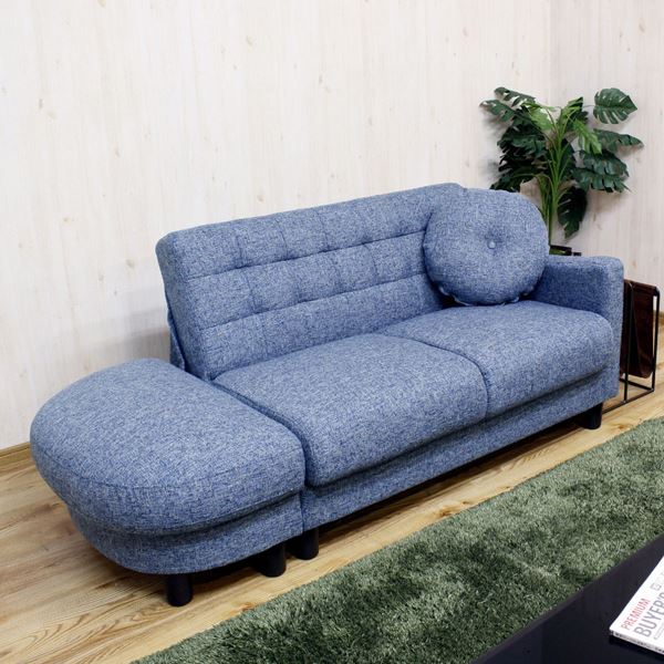 座面下収納庫付きコンパクトカウチソファー ブルー 幅約153cm