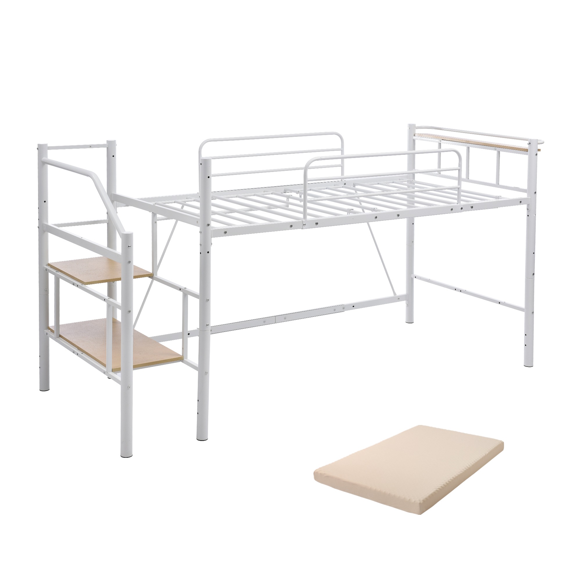 【国内発送】C 161【マットレス付き】ロフトベッド パイプベッド シングル 耐荷重150kg 高さ130cm システムベッド ロータイプ 棚 収納 北欧風 大人 一人暮らし ハンガーポール4本付属