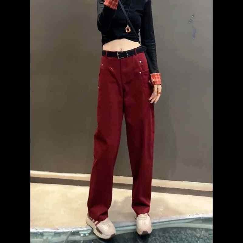 【送料無料】レディース ファッション オシャレ カワイイ シンプル 人カワイイ きいサイズ 赤 ハイウエスト カジュアル パンツ ストレート レッグ ロング