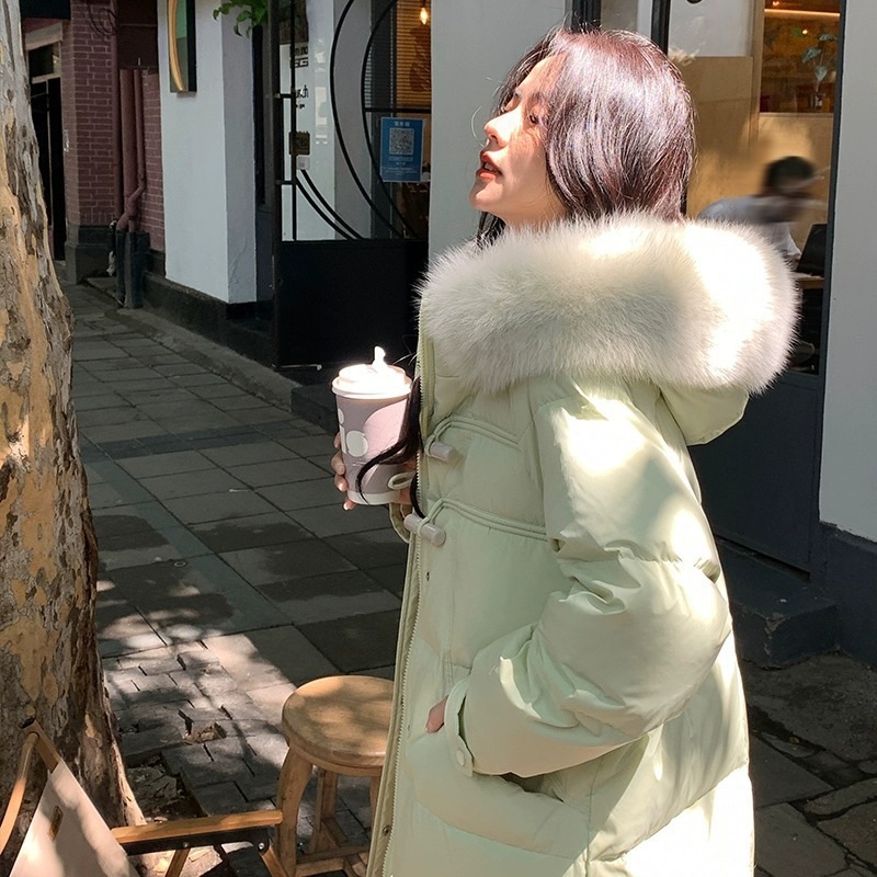 ダウンジャケット レディース ミドル丈 2024新作 ファッションバックル ホワイトダックダウン 厚みのあるスリム長袖ジャケット