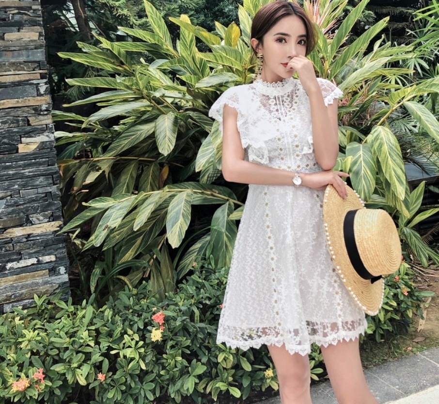ワンピース ショート ショート丈 袖あり 半袖 ラウンドネック 襟なし Aライン レース フリル ハイウエスト 透け感 薄手 かわいい 大人可愛い きれいめ シンプル カジュアル 大人 おしゃれ