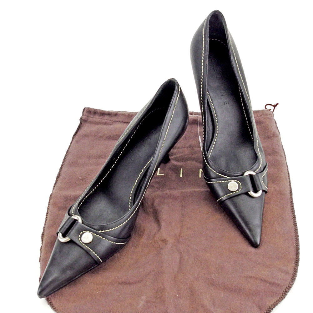 パンプス シューズ 靴 マカダムボタン 37ハーフC ポインテッドトゥ ブラック シルバー 中古その他 パンプス