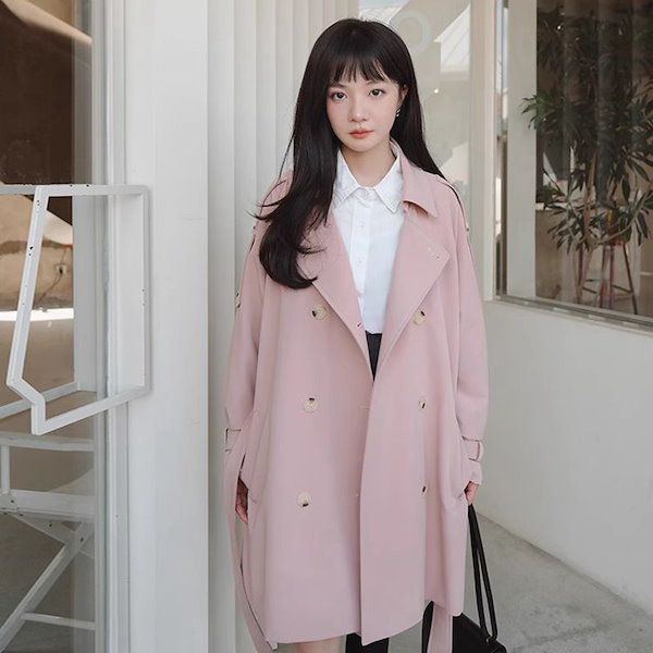 新作 レディース ピンクトレンチコート 韓国風 ミドル丈 低身長向け ゆったりシルエット フェミニン きれいめ アウター