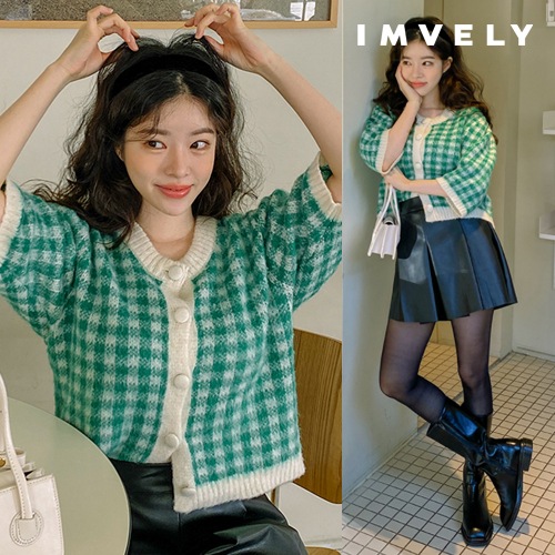 [IMVELY イムブリー公式] ビビッドチェックパフカーディガン 韓国 ファッション