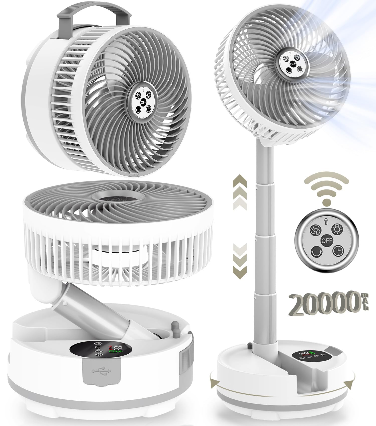 【自動首振り&20000mAh】 扇風機 折りたたみ サーキュレーター コードレス 充電式 卓上扇風機 伸縮式 リモコン付き タイマー 液晶タッチパネル 風力8段階 リズム風 小型 強力送風 ポータブ