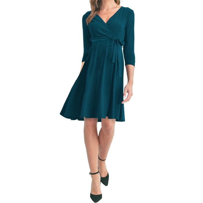 ワンピース 膝丈 7分袖 Vネック ハイウエスト切り替え LAインポート無地 フレア S.M.L.XL ティールブルー FROM USA HM240523LA066