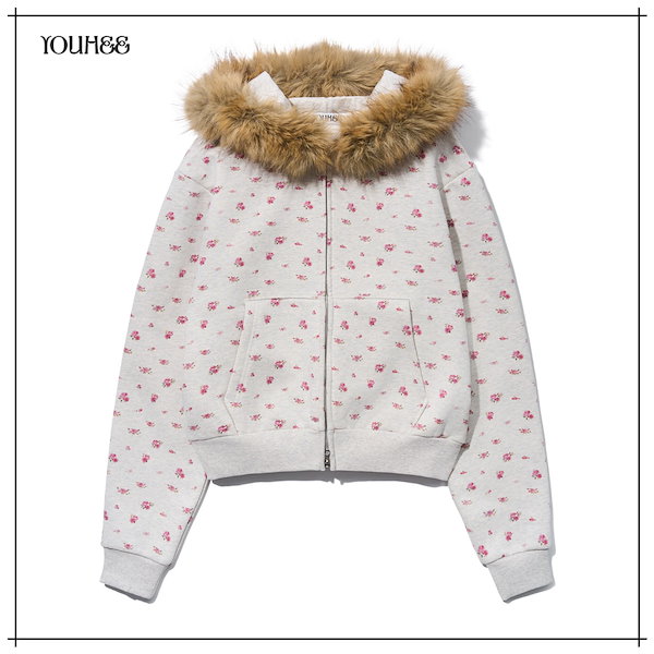 【YOUHEE】 FUR FLOWER HOOD ZIP-UP_OATMEAL 正規品