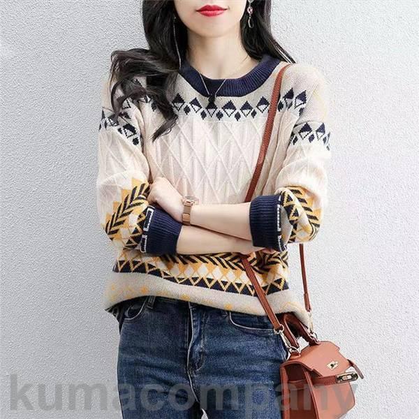 ニットセーター ニット セーター レディース 秋冬 40代 長袖 プルオーバー 民族風 花柄 ロングニット ゆったり プルオーバー 厚手 おしゃれ 冬 防寒