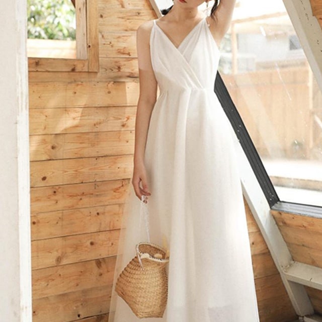 ロング キャミ ドレス ワンピース レディース 大きいサイズ マタニティ ハイウエスト Aライン セクシー 白