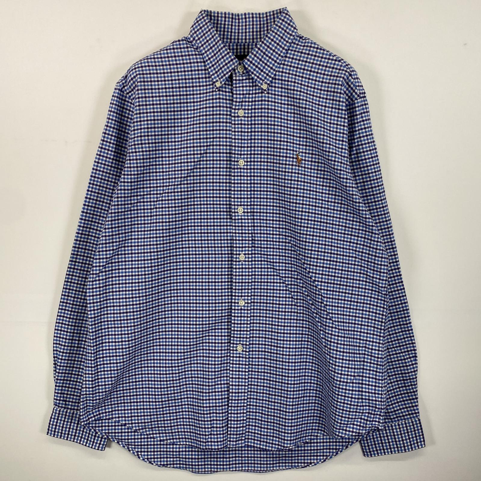 古着 長袖シャツ ボタンダウン ワンポイントロゴ刺繍 L ブルー系 チェック メンズ 5,005円