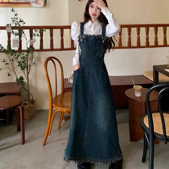 フリンジ デニム ジャンパースカート レディース ブラウス セット 韓国 ファッション レトロ マキシ ワンピース 6,003円