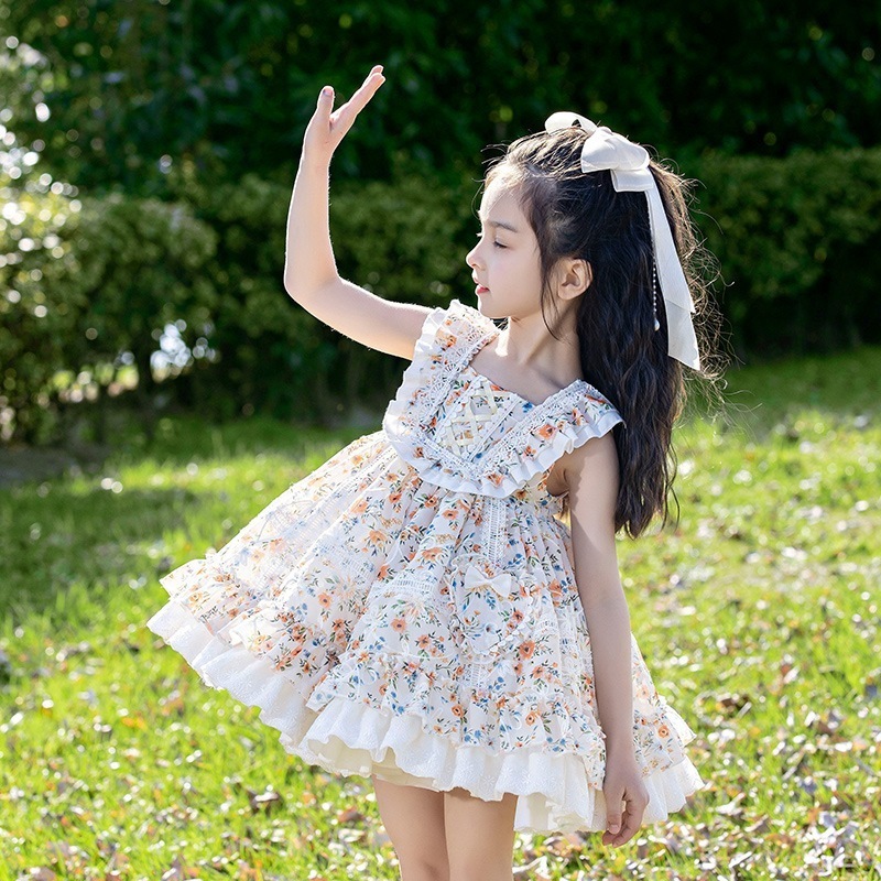 2024秋女の子ベストパフスカート子供花柄刺繍ロリータプリンセススカート