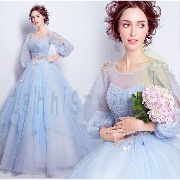 ウエディンドレス ロング丈ライトブルー超豪華レースラウンドネック長袖気質優雅大きいサイズ 結婚式 二次会 演奏会 花嫁 撮影 編み上げ式