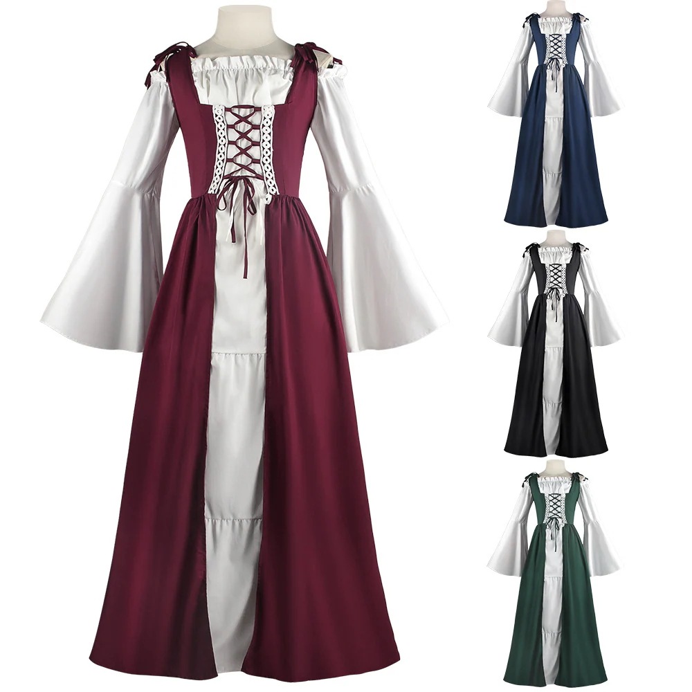 【迅速な出荷】中世文芸復興ワンピース服ハロウィーン方襟束ね腰コスプレ舞台服