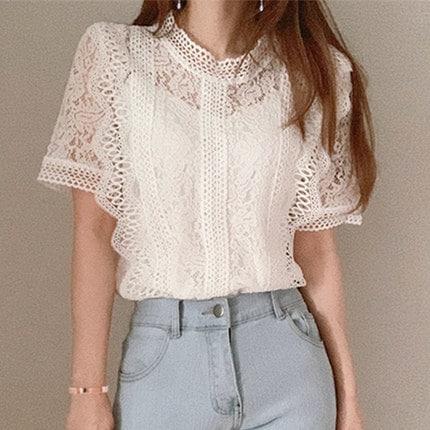 レースブラウス トップス ブラウス 袖あり 半袖 ハイネック レース 透け感 かわいい 大人可愛い きれいめ シンプル カジュアル 大人 上品 おしゃれ お洒落 大人可愛い 大人女子 こなれ感