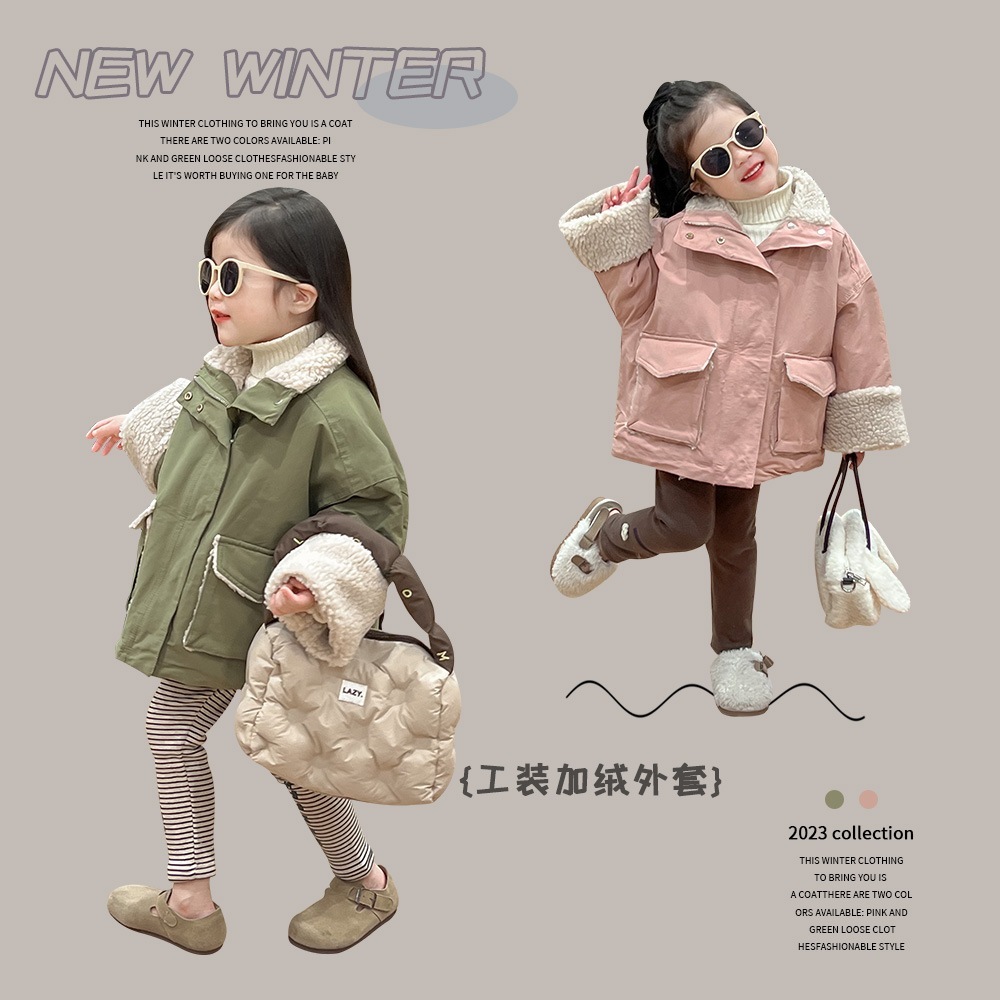 子供服 2024 冬女の子ベルベットジャケット暖かく厚みのあるベビーガール作業服スタイル綿服 3509