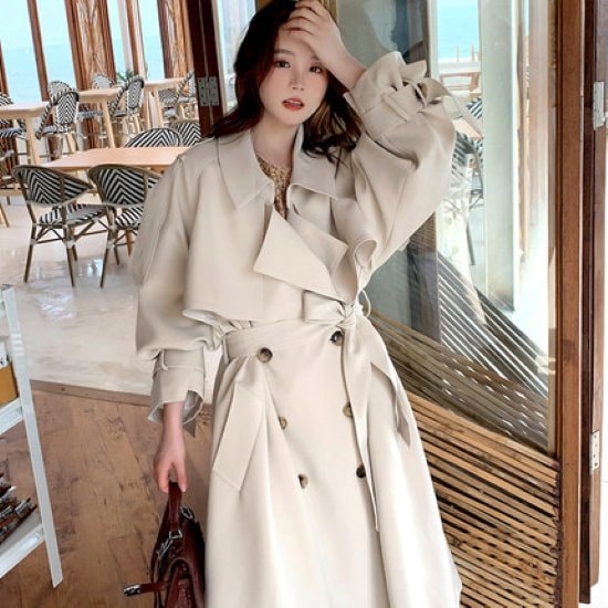 【取寄：納期2週間】トレンチコート レディース ロングコート アウター コート 羽織 ウエストベルト ダブルブレスト 長袖 カジュアル きれいめ 通勤 お出掛け おしゃれ 無地 ゆったり ベージュ